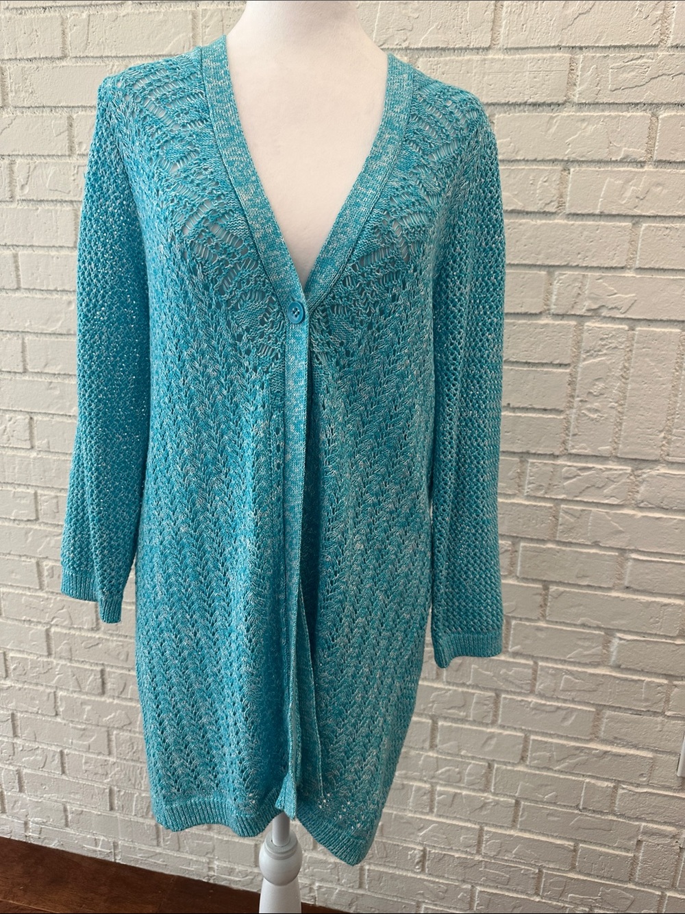 Norm Thompson Teal Open-Knit V-Neck Cardigan